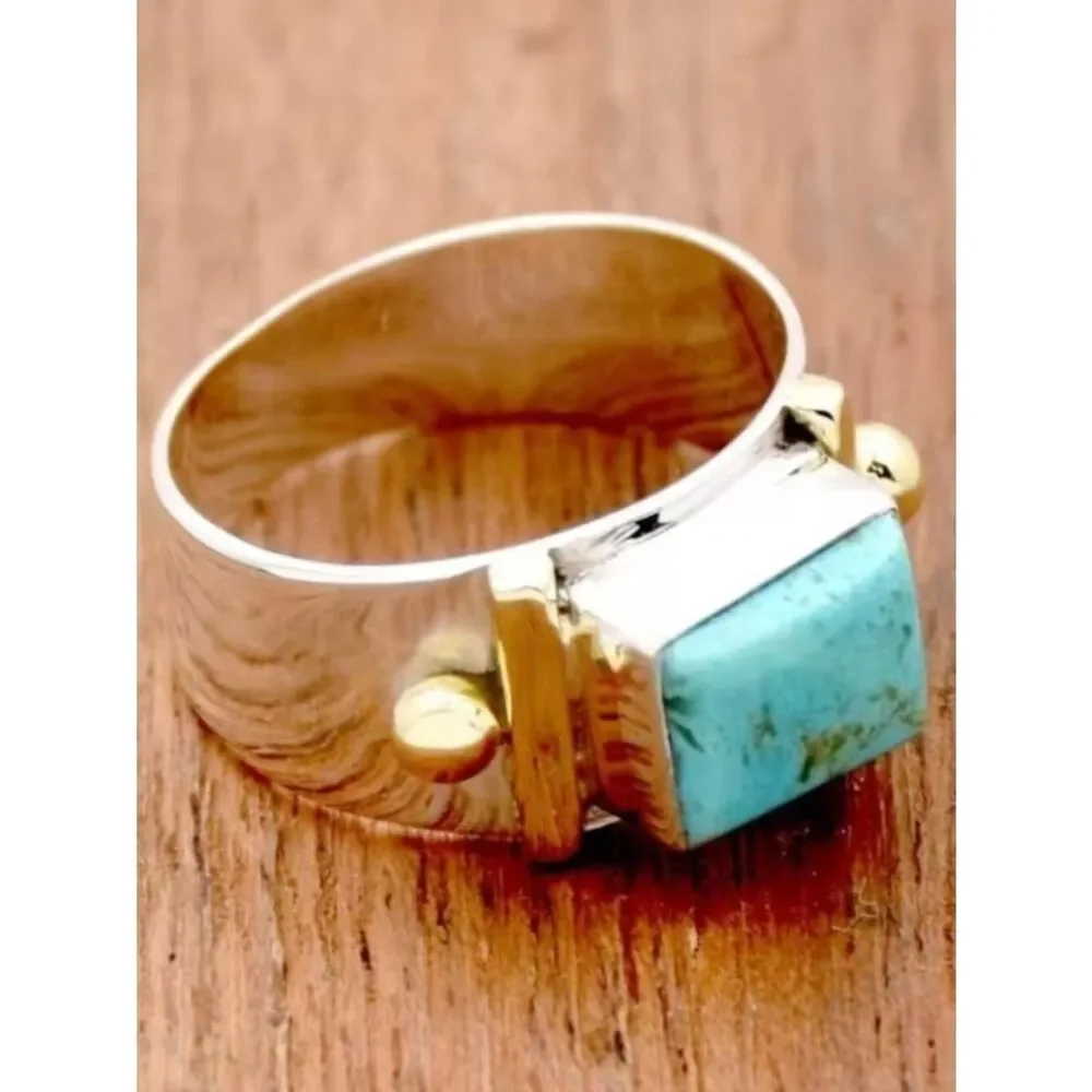 Ring Retro Boho-Chic Square Turquoise Wide Band Beaded Bohemian Minimalist